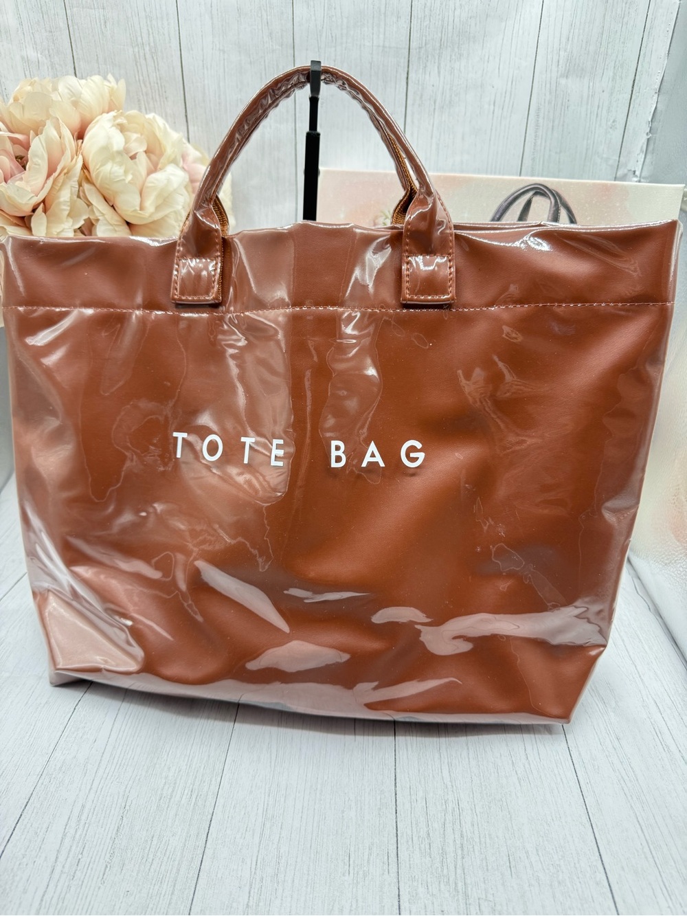 Glossy Brown Patent Tote Bag with 'TOTE BAG' Detail